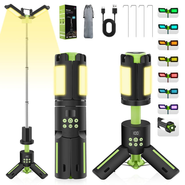 Rechargeable Camping Lantern with Telescopic Stand, RGB Emergency Light with SOS Mode, Battery Lantern for Camping Gear