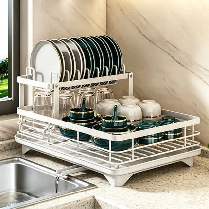 Dish Drying Rack, 2 Tier Dish Rack with Drainboard and Cutting Board Holder
