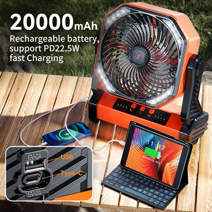 Battery Operated Fan, Rechargeable Camping Fan with LED Light and Power Bank