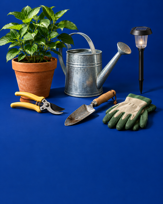 Potted plant, watering can, pruners and garden gloves