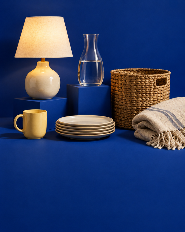 Table lamp, mug, plates and woven basket