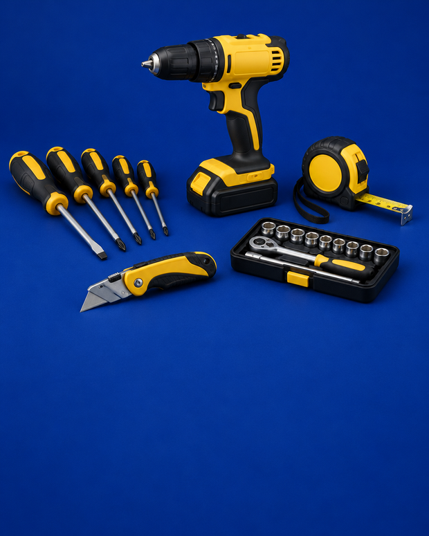 Cordless drill, screwdrivers and socket set