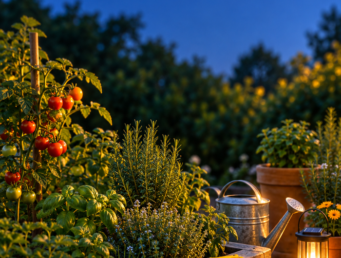 Raised garden bed with herbs, watering can and solar lantern at dusk