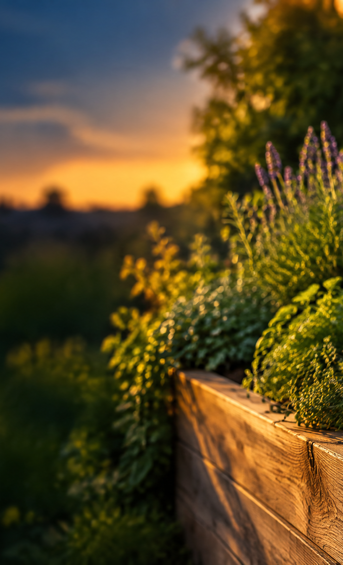 Raised garden bed with herbs, watering can and solar lantern at dusk