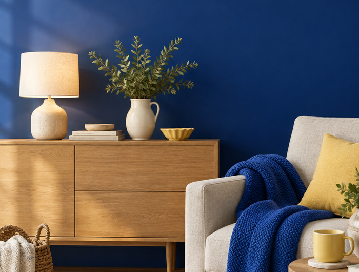 Bright living room with oak sideboard, table lamp and blue throw