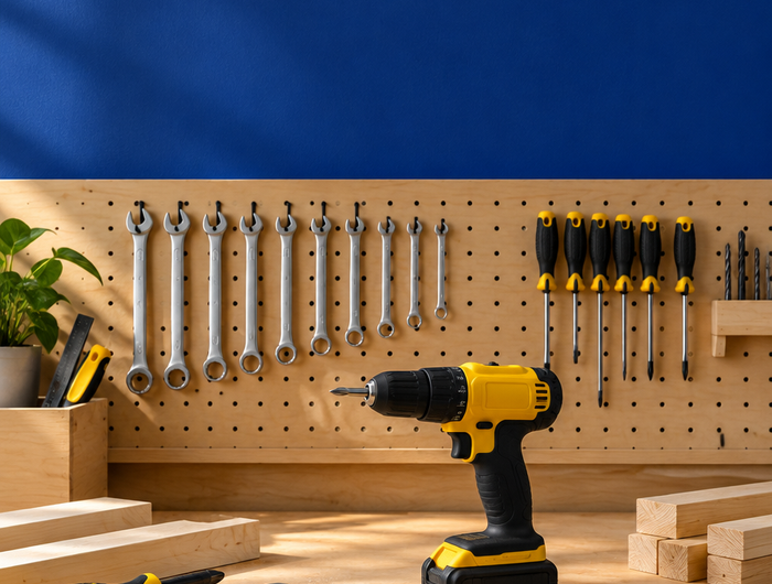 Home workshop bench with cordless drill and pegboard of hand tools