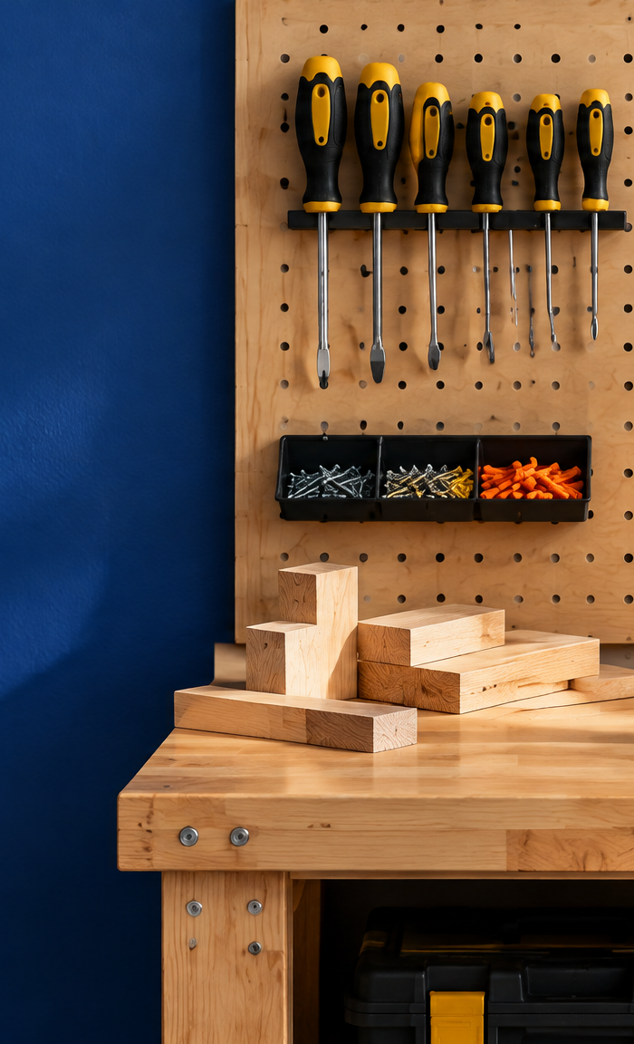 Home workshop bench with cordless drill and pegboard of hand tools