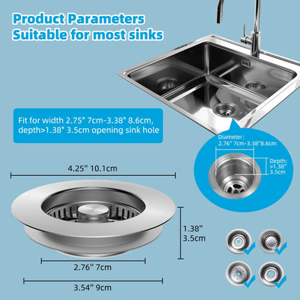 Kitchen Sink Strainer Stainless Steel, Sink Drain Stopper for US Sinks
