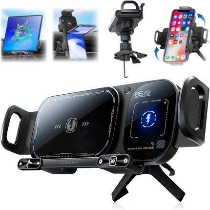 Car Phone Holder with Wireless Car Charger, Auto Clamping Suction Cup Phone Mount for Car Vent and Dashboard