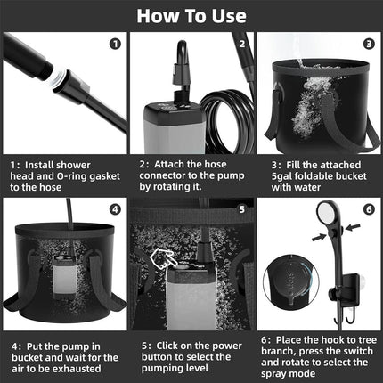 Outdoor Shower Kit with 5 Gallon Foldable Bucket, Rechargeable Camp Shower Pump – image 9