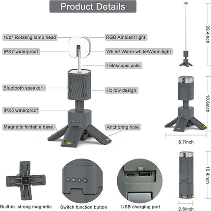 Camping Light with Speaker and Power Bank, Telescopic LED Camping Lantern – image 10