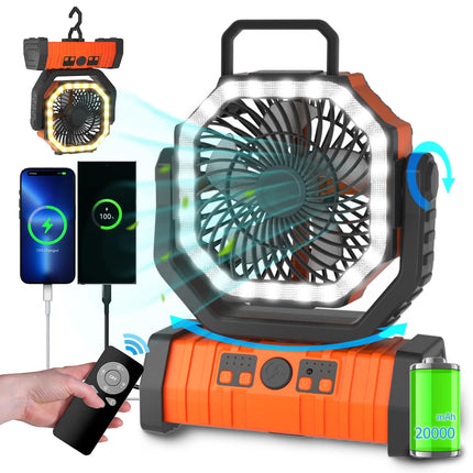 Portable Fan for Camping with LED Lantern and Remote, Rechargeable Oscillating Fan, Outdoor Fan for Tent