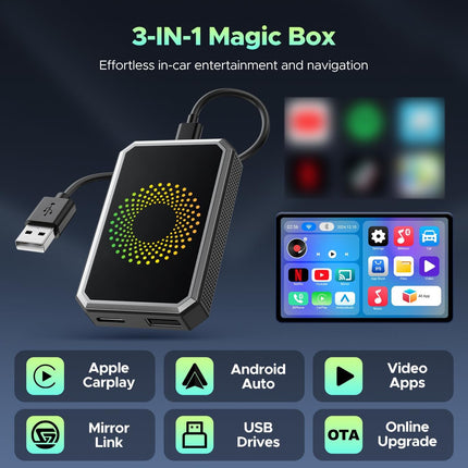 Wireless CarPlay Adapter with Video Apps, CarPlay AI Box with Dual WiFi and USB Playback