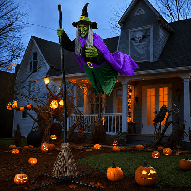 Halloween Decor Flying Witch on Broom, Halloween Outdoor Decor 11.8 ft with Sound, Halloween Yard Decor for Porch