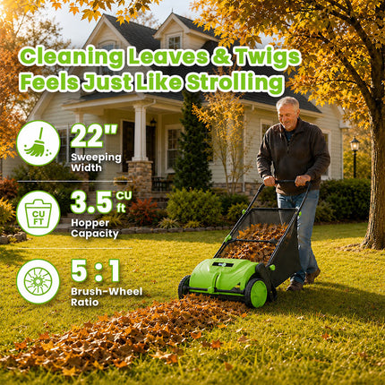 Leaf Collector for Lawns, Push Lawn Sweeper 22 Inch with Large Hopper