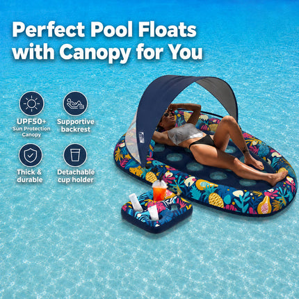Pool Floats for Adults 3 in 1 with Removable Canopy and Cup Holder, Inflatable Pool Lounger UPF50+