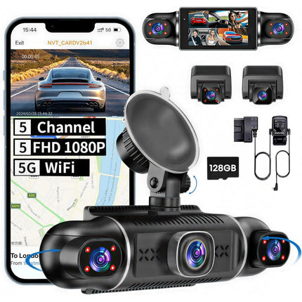 Dash Cam for Car, 5 Channel 360 Car Dash Camera with WiFi, Front and Rear Dash Cam with Backup Camera