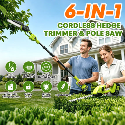Cordless Hedge Trimmer with Extension Pole, 6 in 1 Pole Saw and Grass Shear