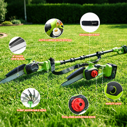 Cordless Hedge Trimmer with Extension Pole, Tree Pruner with 2 Batteries – image 9