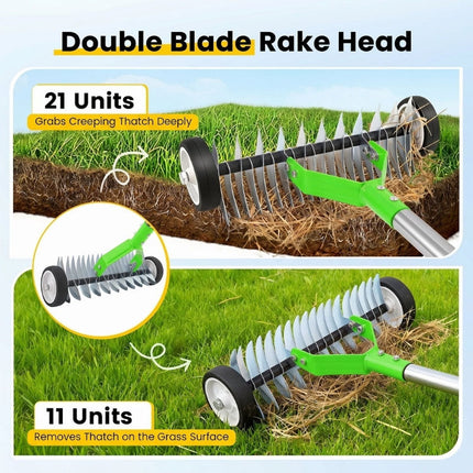 Dethatching Rake with Wheels, Adjustable Thatch Rake for Lawn