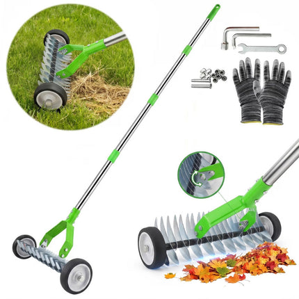 Dethatching Rake with Wheels, Lawn Dethatcher for Grass, Adjustable Thatch Rake for Lawn, Dual Sided Garden Rake