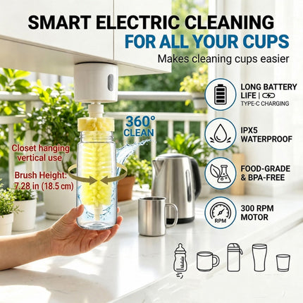 Water Bottle Cleaner for Baby Bottles and Mugs, Electric Bottle Brush 360 Rotating with 2 Detachable Brush Heads