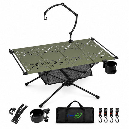 Small Folding Table for Camping with Lamp Stand, Cup Holder and Mesh Storage, Aluminum Folding Camping Table for Picnics