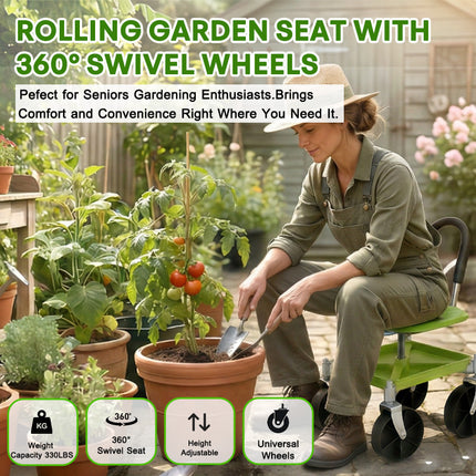 Rolling Garden Seat with Wheels, Garden Stool with Tool Tray