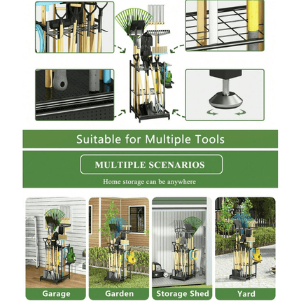 Garage Organizer on Wheels, Garden Tool Organizer with 8 Hooks – image 8