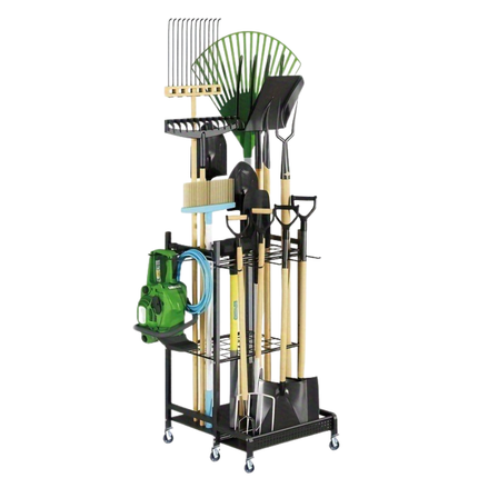Garage Organizer on Wheels, Garden Tool Organizer with 8 Hooks, Rolling Storage Cart and Garage Storage Rack