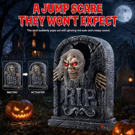 Halloween Tombstone with Pop Up Skeleton Head, Halloween Animatronics Zombie Prop with Red LED Eyes and Creepy Sounds -