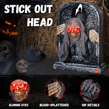 Halloween Tombstone with Pop Up Skeleton Head, Halloween Animatronics Zombie Prop with Red LED Eyes and Creepy - image 5