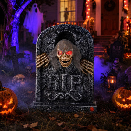 Halloween Tombstone with Pop Up Skeleton Head, Halloween Animatronics Zombie Prop with Red LED Eyes and Creepy - image 7