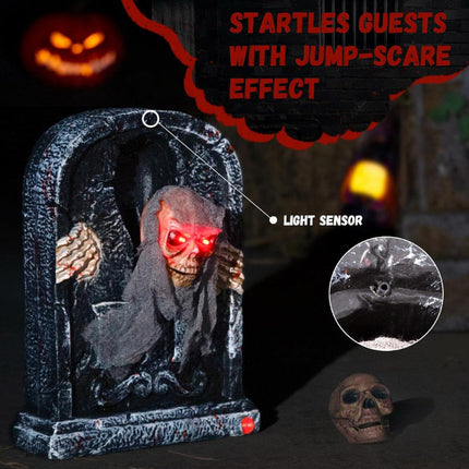 Halloween Tombstone with Pop Up Skeleton Head, Halloween Animatronics Zombie Prop with Red LED Eyes and Creepy - image 4