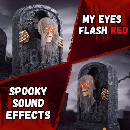 Halloween Tombstone with Pop Up Skeleton Head, Halloween Animatronics Zombie Prop with Red LED Eyes and Creepy - image 3