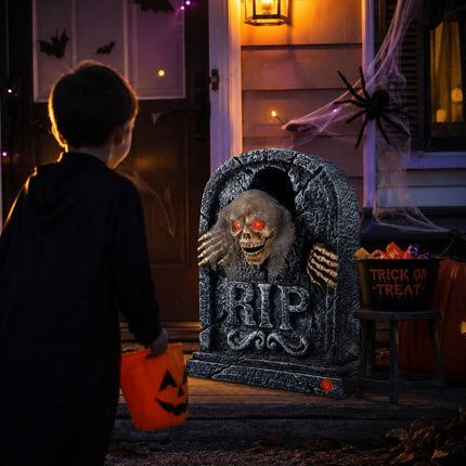 Halloween Tombstone with Pop Up Skeleton Head, Halloween Animatronics Zombie Prop with Red LED Eyes and Creepy - image 6