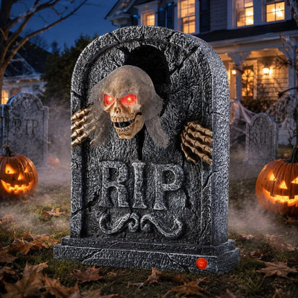 Halloween Tombstone with Pop Up Skeleton Head, Halloween Animatronics Zombie Prop with Red LED Eyes and Creepy Sounds