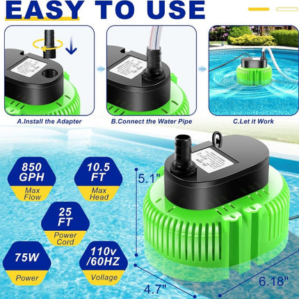 Pool Cover Pump Submersible Water Pump for Above Ground Pool with 16 ft Hose and 4 Adapters, 850 GPH Electric – image 8