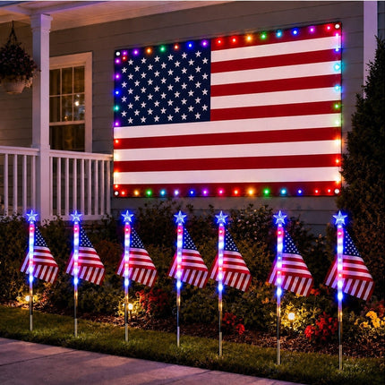 Solar Flag Lights 16 Pack with 3x5 ft Lighted US Flag, 4th of July Decorations