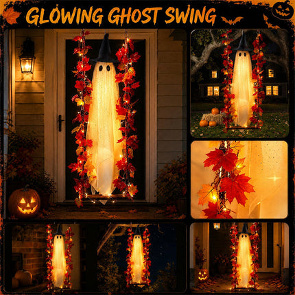 Swinging Ghost Halloween Decoration 6 ft with 8 Lighting Modes, Hanging Halloween Ghost Decor for Porch