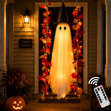 Swinging Ghost Halloween Decoration 6 ft with 8 Lighting Modes, Hanging Halloween Ghost Decor for Porch, Outdoor Halloween