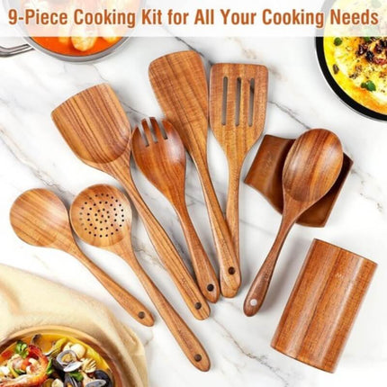 Wooden Kitchen Utensil Set 11 Piece, Teak Wooden Cooking Utensils with Holder and Spoon Rest – image 8