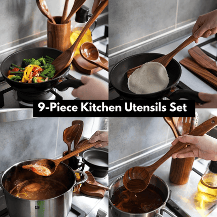 Wooden Kitchen Utensil Set 11 Piece, Teak Wooden Cooking Utensils with Holder and Spoon Rest – image 4