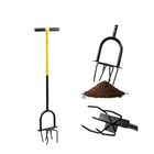 Garden Tiller, Manual Hand Tiller Garden Tool with 6 Steel Claws, Stand Up Hand Cultivator with 32 Inch T Grip Handle