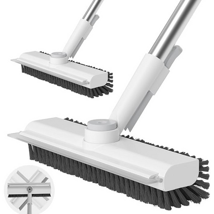 Floor Scrub Brush with Long Handle, 3 in 1 Floor Squeegee and Floor Scraper, Heavy Duty Scrub Brush with Glass Wiper