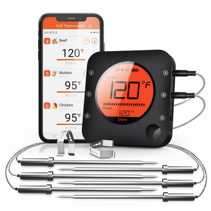 Wireless Meat Thermometer with Multiple Probes, Bluetooth Food Thermometer for Grill and Smoker with Companion App