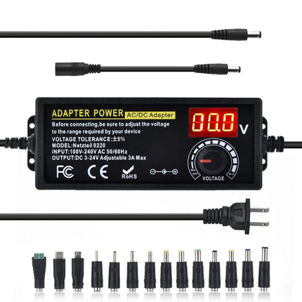 Universal Power Supply, Variable DC Power Supply 3-24V with 15 Tips, Universal AC Adapter with LED Display
