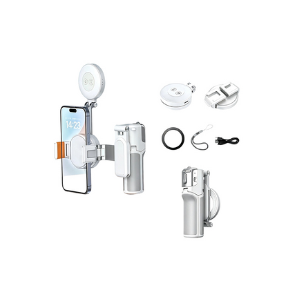 Mini Selfie Stick with LED Fill Light, Magnetic Phone Grip with Zoom Control, Vlogging Kit with Selfie Light