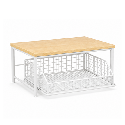 Kitchen Countertop Organizer with Basket Drawer, 2 Tier Kitchen Counter Shelf with Wood Top, Coffee Station Organizer