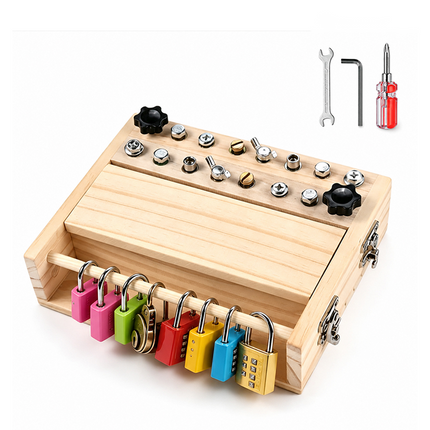 Wooden Busy Board, Lock and Key Toy with Screwdriver